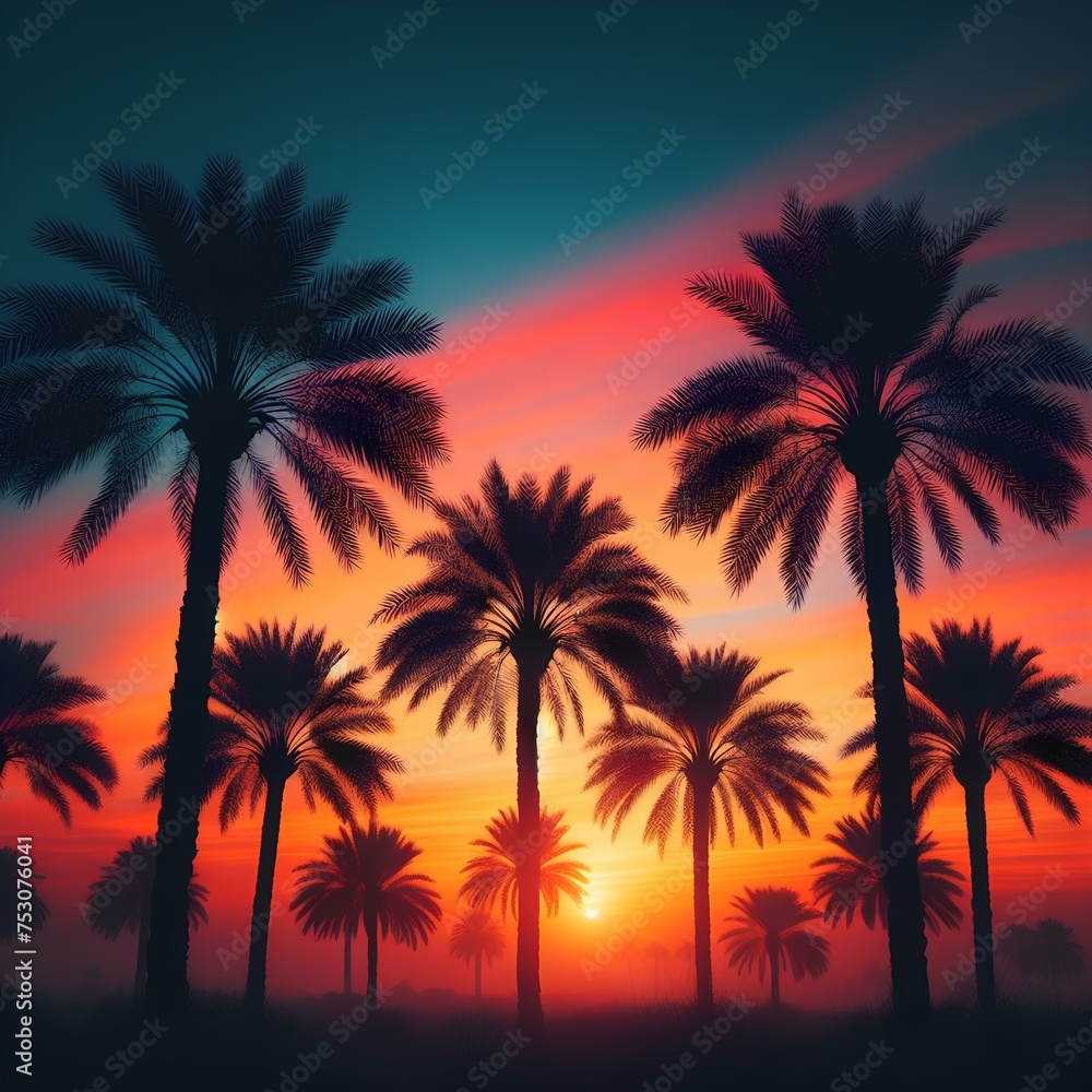 Palm Trees at Sunset, Evening View of Palm Trees