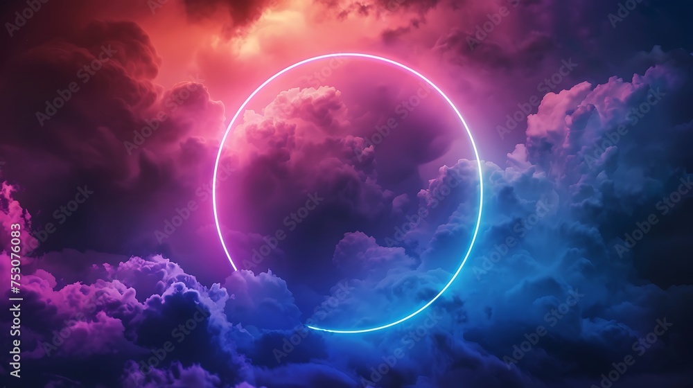 colorful neon ring glowing inside the stormy cloud on the dark sky