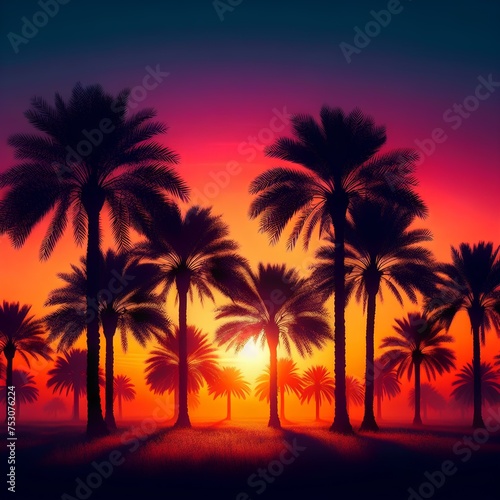 Palm Trees at Sunset, Evening View of Palm Trees