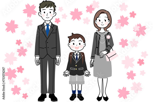 イラスト素材: 入学式　卒業式　親子（男の子と両親）　桜