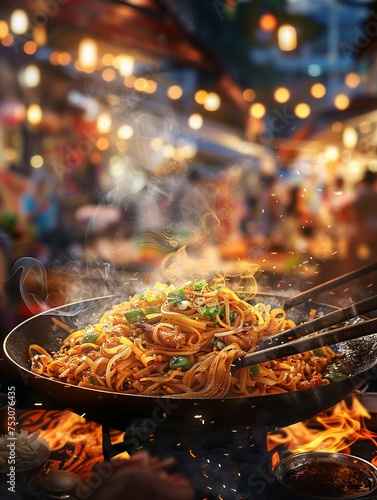 A hyper-realistic digital painting capturing the essence of a bustling Thai street food stall with a close-up view of fresh Pad Thai being tossed in a wok