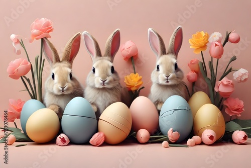 Three fluffy rabbits sit lined up against a soft pink background, accompanied by a delightful array of pastel-colored Easter eggs and vibrant spring flowers, creating a charming festive scene.