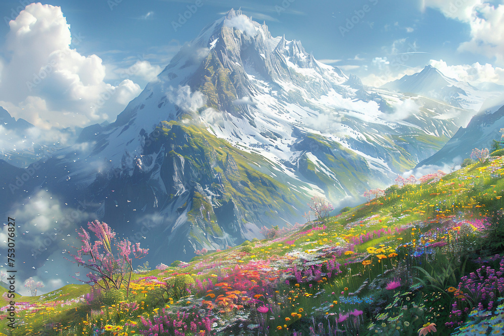 A towering mountain bridged by a valley of flowers where the earth meets the sky in a breathtaking vista