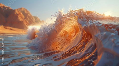 An ocean wave frozen in time surrounded by the arid expanse of a desert illustrating natures unpredictability