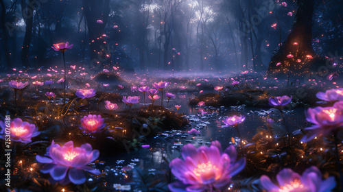 Enchanted forest at twilight with luminescent flowers and mythical creatures roaming