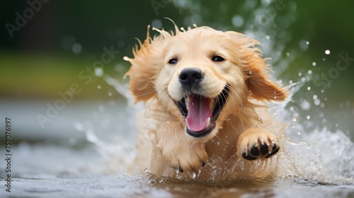 Golden Retriever puppy learning to swim water droplets in fur expressing delight and curiosity photo