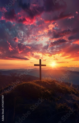Cross on the hill - symbol of crucifixion of Jesus Christ. On beautiful sunset background.