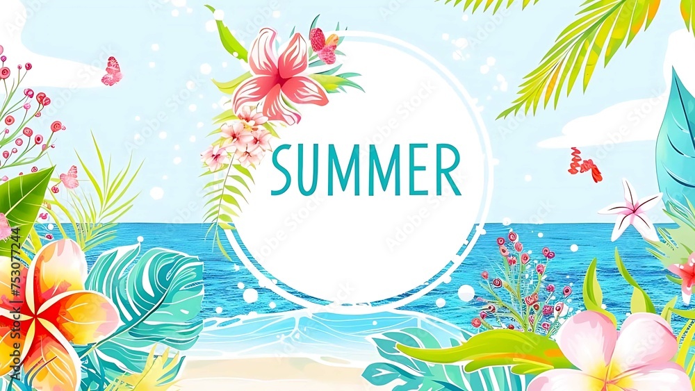 Summer Beach Scene with Palm Trees, Flowers, and Ocean Waves