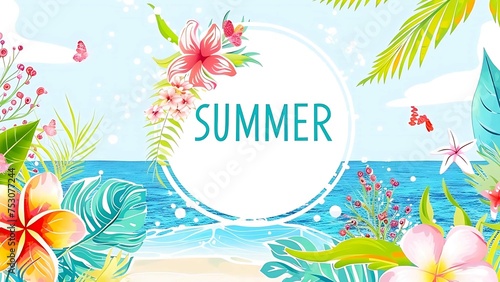 Summer Beach Scene with Palm Trees  Flowers  and Ocean Waves