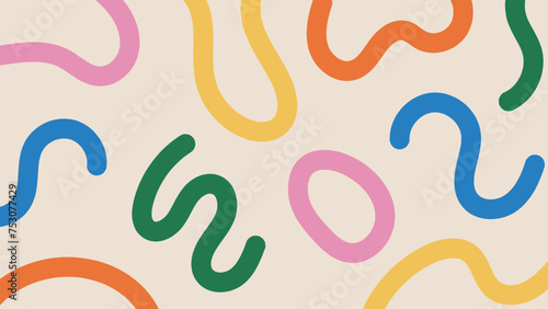Fun abstract background with multi colored squiggly lines. Doodle design with hand drawn colorful shapes and stripes