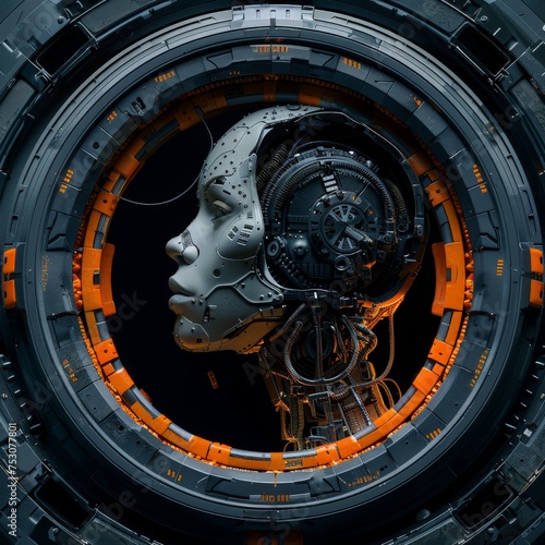 Robot head in a circular scene  in the style of realistic hyper-detailed rendering  dark cyan and orange.