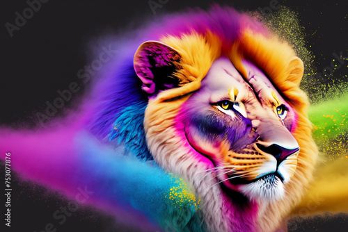 colorfull splash colors portrait of a lion