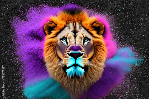 colorfull splash colors portrait of a lion