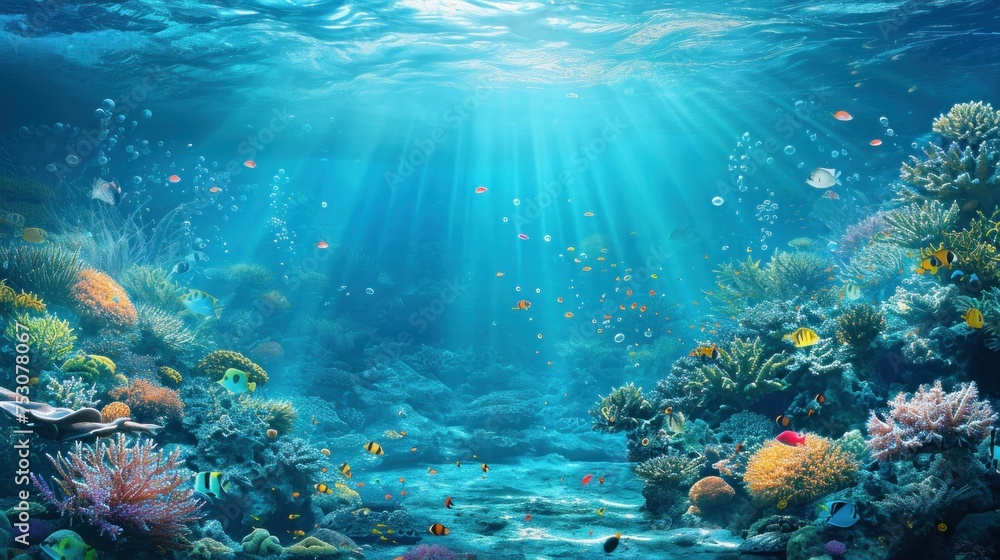 Fototapeta premium Tropical sea underwater fishes on coral reef. Aquarium oceanarium wildlife colorful marine panorama landscape nature snorkel diving