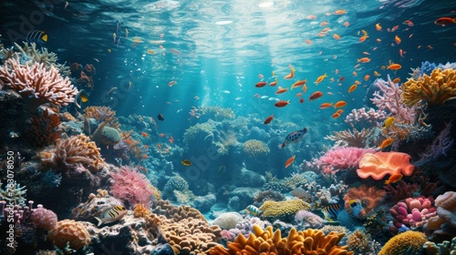Tropical sea underwater fishes on coral reef. Aquarium oceanarium wildlife colorful marine panorama landscape nature snorkel diving © Ruslan Gilmanshin