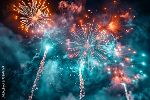 Vibrant Fireworks Display Lighting Up Night Sky with Colorful Sparkles and Explosions photo