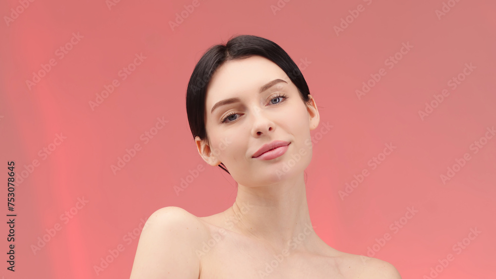 Beauty woman face isolated on bright background. Skin care. Beautiful female model with perfectly clean fresh skin. Advertising concept for cosmetology, cosmetic services and products. Beauty woman face isolated on bright background. Skin care. Beautiful female model with perfectly clean fresh skin. Advertising concept for cosmetology, cosmetic services and products.