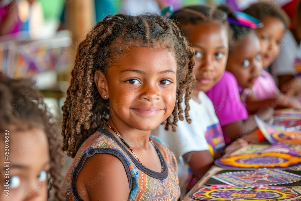 Charming Young Girl Smiling in a Classroom Setting Surrounded by Diverse Peers Charming Young Girl Smiling in a Classroom Setting Surrounded by Diverse Peers