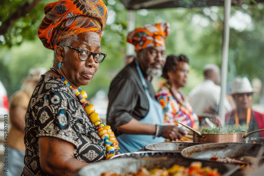 Elderly African Woman in Traditional Attire Cooking in Outdoor Setting, Cultural Event, Diverse People Gathering