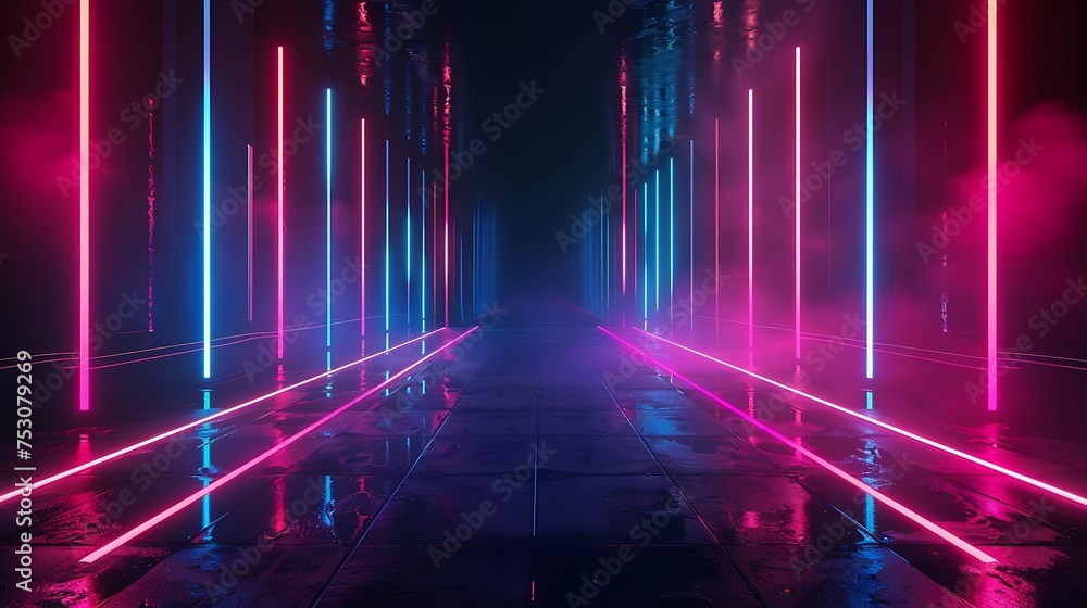 Dark background with lines and spotlights neon light night view