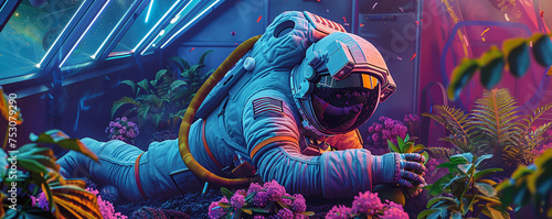 Astronaut and botanist cultivating extraterrestrial plants in an intergalactic greenhouse