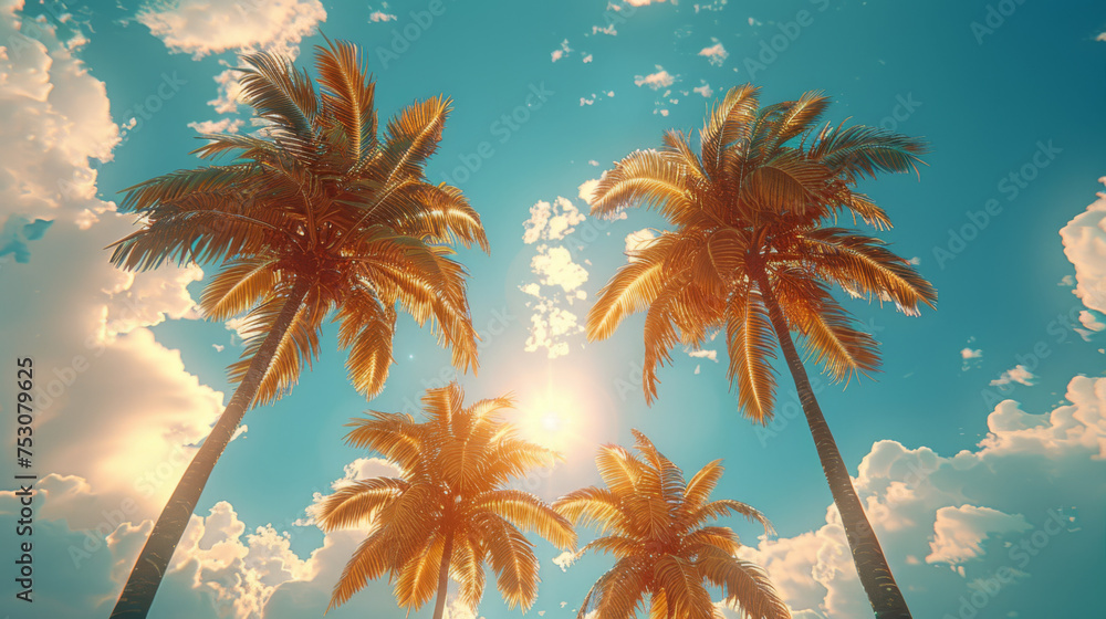 Vintage toned palm tree over sky background. - obrazy, fototapety, plakaty 
