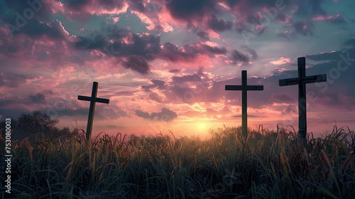 Three wooden crosses silhouetted against a vibrant sunset sky. symbolic, peaceful dusk scenery. serene landscape photo for spiritual themes. AI