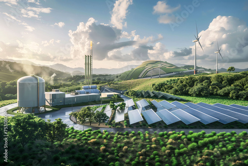 A modern sustainable energy facility with solar panels, wind turbines, and biogas plant surrounded by lush greenery under a clear sky..