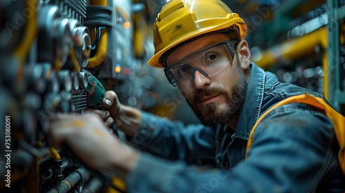 Focused professional fixing machinery. industrial worker with helmet. man at work in factory setting. skilled labor in action. concentrated technician. AI