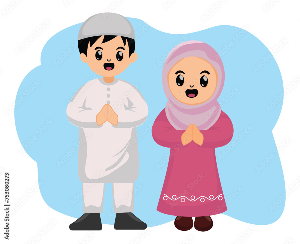 cute cartoon muslim kid couple saying happy greeting ramadan cute cartoon muslim kid couple saying happy greeting ramadan