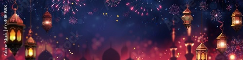 Festive Eid scene with hanging lanterns and fireworks in the background, excellent for celebration banners or event invitations.
