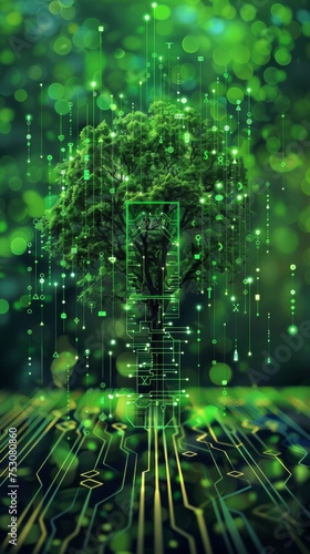 A conceptual image blending nature with technology illustrating a tree seamlessly integrated with digital circuits symbolizing green technology Created Using Conceptual art