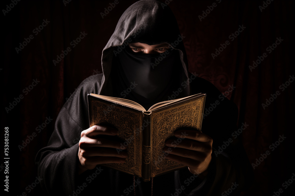 Enigmatic storyteller, his face partially obscured by shadows, holding a book of ancient tales. Generative AI Enigmatic storyteller, his face partially obscured by shadows, holding a book of ancient tales. Generative AI