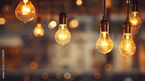 Decorative antique style light bulbs shine with orange light against a blurred evening city background. © photolas