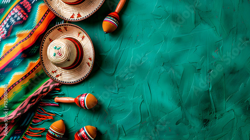 Cinco de mayo holiday background with mexican sombrero, maracas and mexican poncho on a green background. Image with copy space. Generative AI