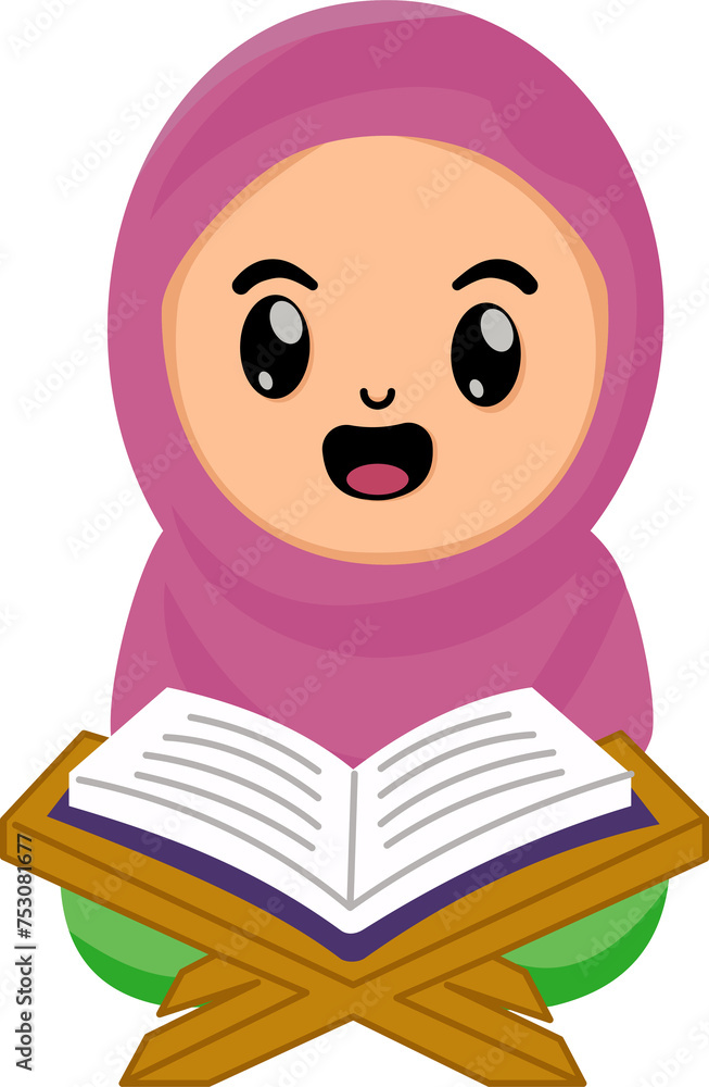 cute cartoon muslim girl reading holy Quran in month ramadan fasting cute cartoon muslim girl reading holy Quran in month ramadan fasting