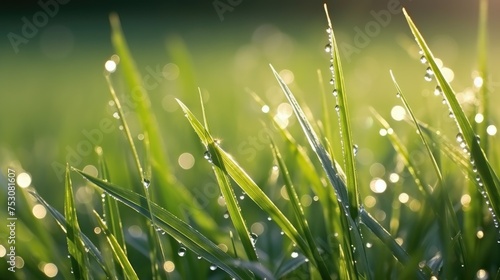 Young fresh grass with drops of morning dew in the rays of the sun, close-up.