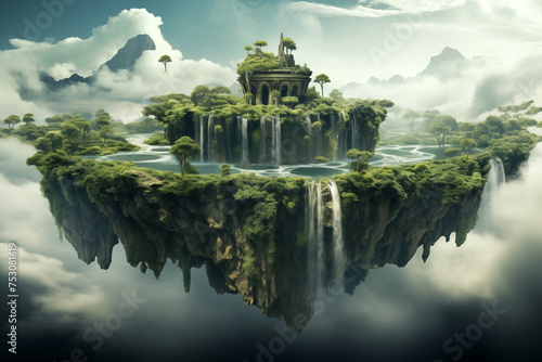 Magical floating island, suspended in clouds and adorned with cascading waterfalls and lush vegetation. Generative AI © Nomad_Soul