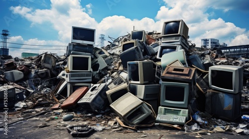 Large dump of electronic waste. Mountains of old broken and damaged monitors, televisions, and household appliances. © photolas