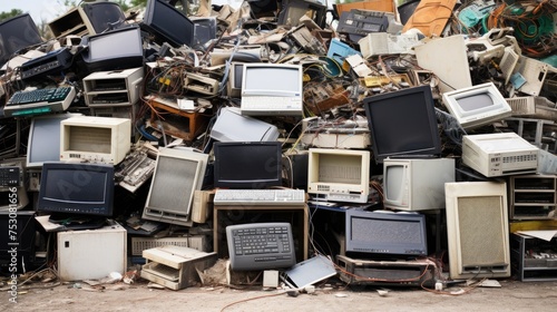 Large dump of electronic waste. Mountains of old broken and damaged monitors, televisions, and household appliances. © photolas