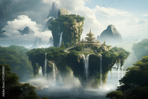 Magical floating island, suspended in clouds and adorned with cascading waterfalls and lush vegetation. Generative AI © Nomad_Soul