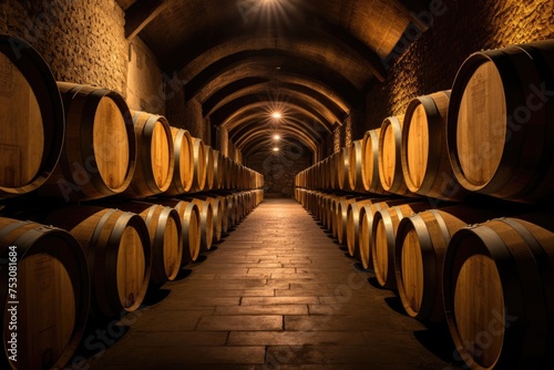 Large wine cellar with long rows of wooden barrels for storing wine  whiskey  beer. An ancient warehouse under castle.