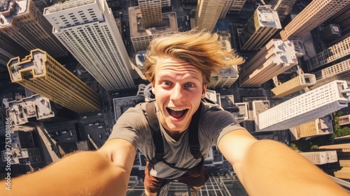 A young guy, a man, takes a photo of a selfie on the roof of a skyscraper against the backdrop of a big city on a summer day. Extreme risky photography.