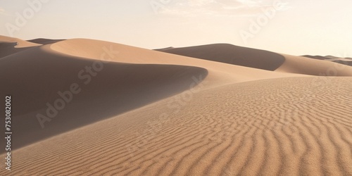 Sand dunes in desert and scorching hot sun.