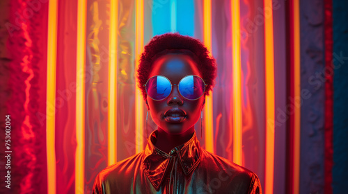 African american woman wearing sunglasses and a gold jacket stands in front of a neon sign. Bold and vibrant feel 