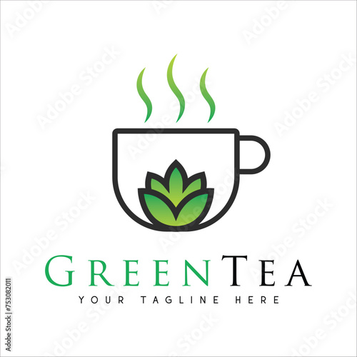 Green Tea Logo Design Cup with Leaf Logotype