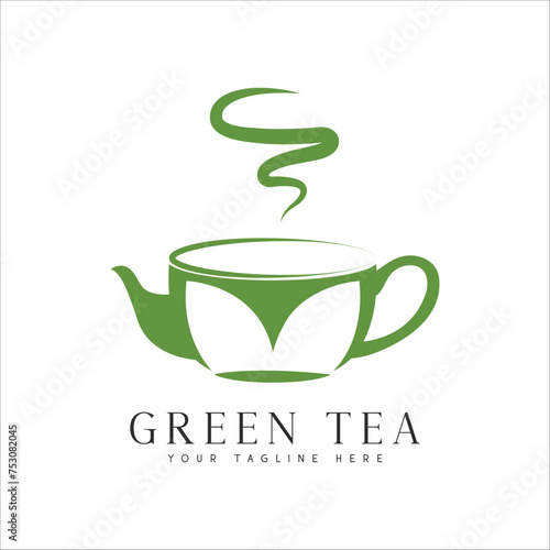 Green Tea Logo Design Cup with Leaf Logotype