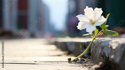 A lonely white flower grows from a crack in the asphalt road. Neutral blurred background. Place for text.