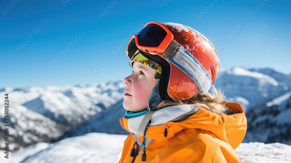 A boy child in ski goggles and equipment looks to the side against the backdrop of a sunny winter mountain landscape A boy child in ski goggles and equipment looks to the side against the backdrop of a sunny winter mountain landscape