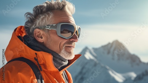 Old man in ski goggles and equipment looks to the side against the backdrop of a sunny winter mountain landscape